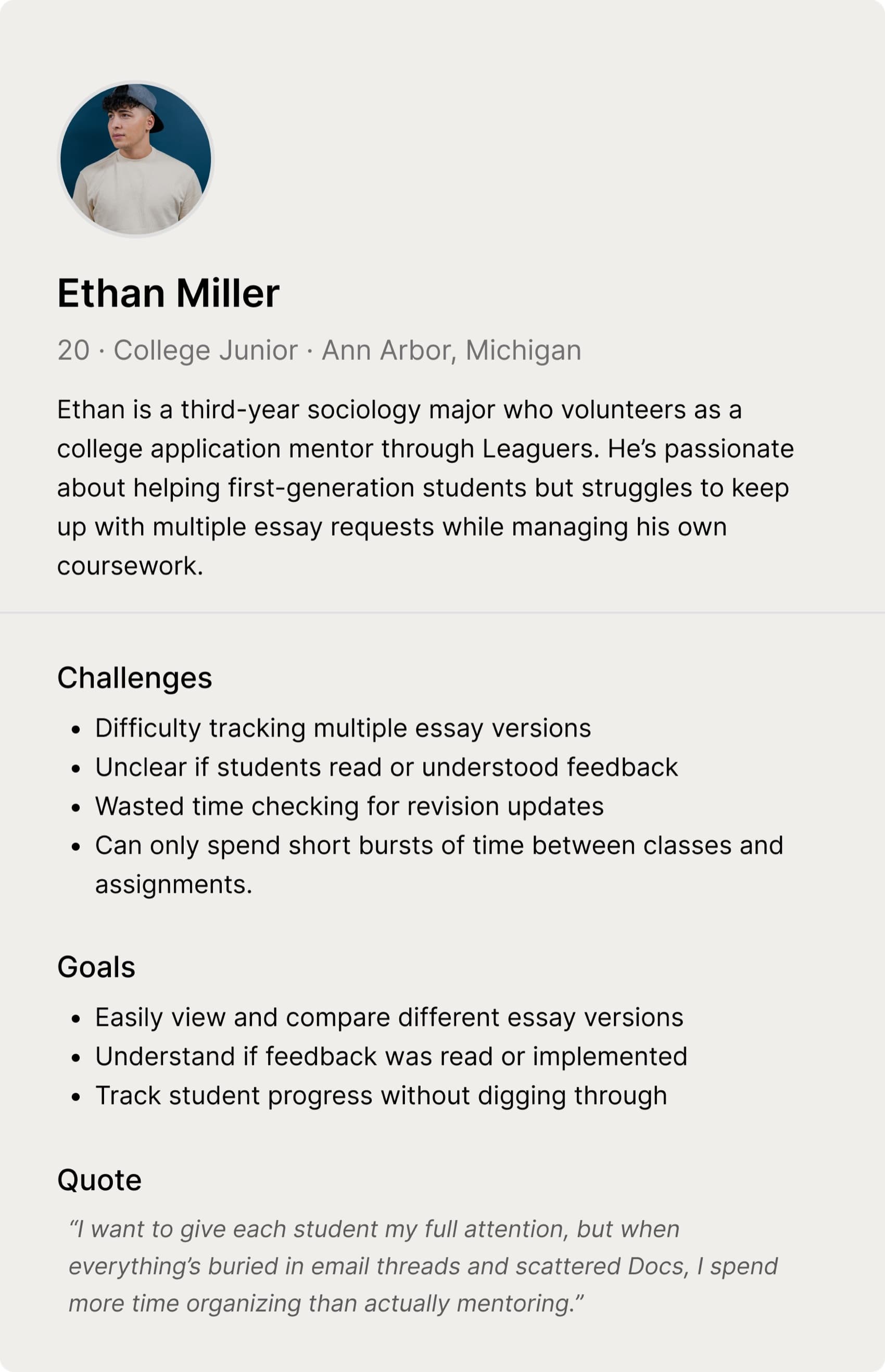 User persona for Ethan Miller, a 20-year-old college junior in Ann Arbor, Michigan who mentors students through Leaguers