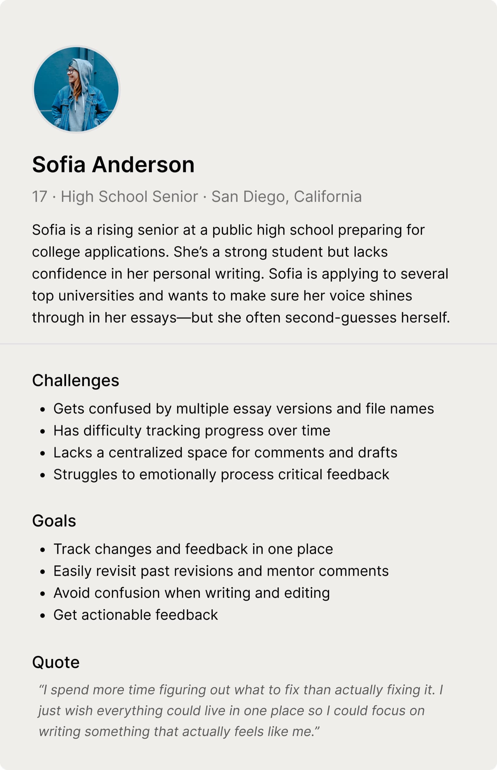 User persona for Sofia Anderson, a 17-year-old high school senior in San Diego, California preparing college essays