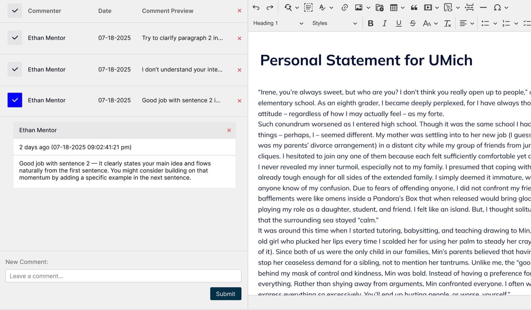 Leaguers essay feedback panel showing the outdated, cluttered interface