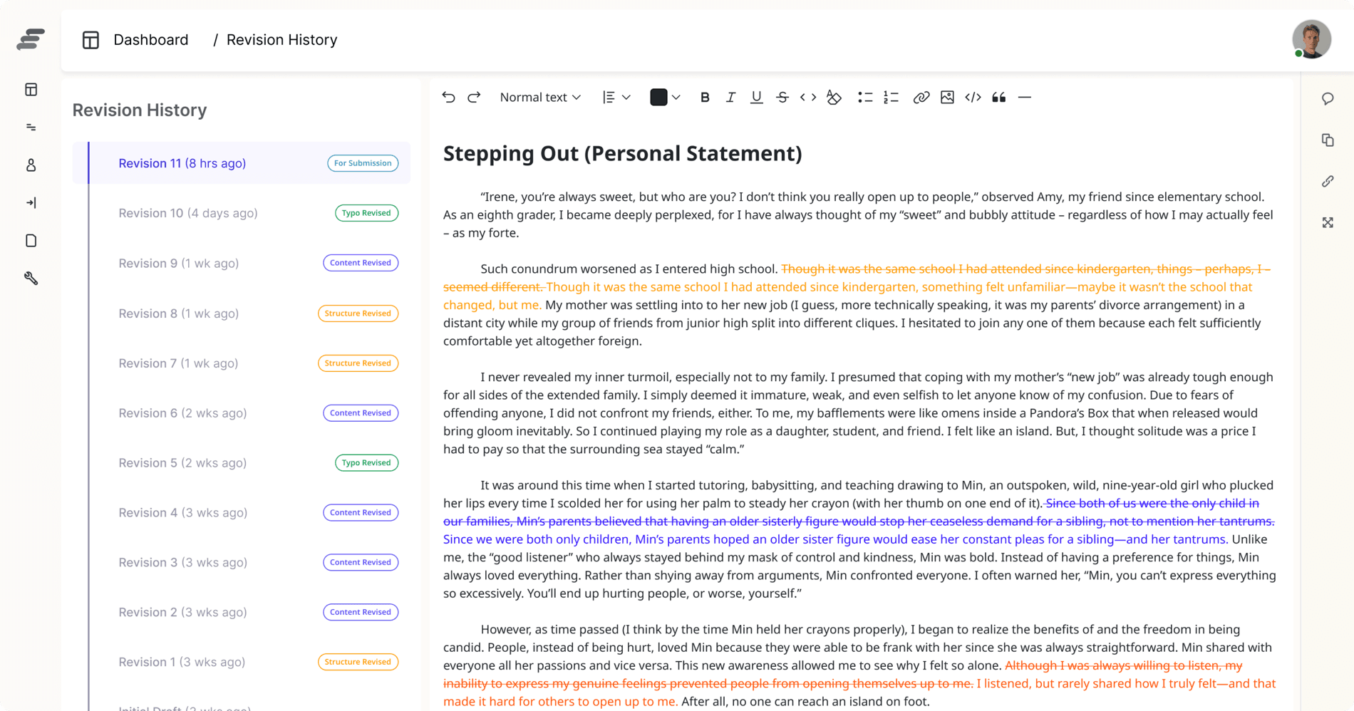 Screenshot of the redesigned revision history interface showing a side-by-side comparison view with highlighted text changes