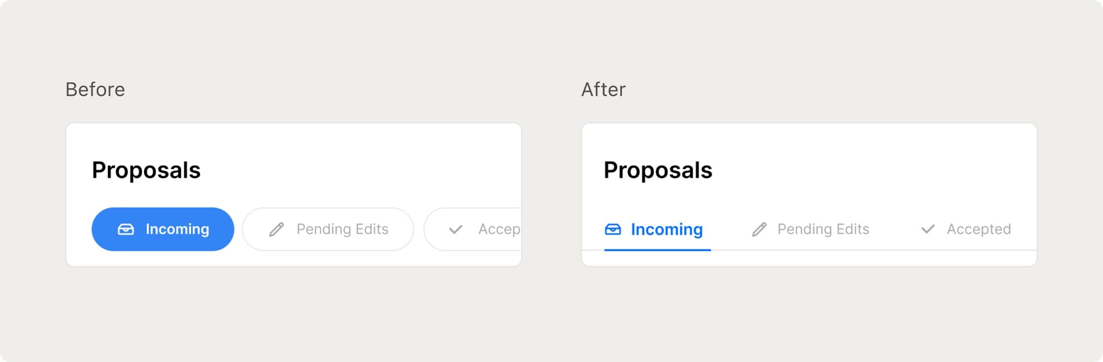 Before and after comparison of the Ollio Proposals tab navigation: rounded bubble-style tabs versus line-style underlined tabs for Incoming, Pending Edits, and Accepted