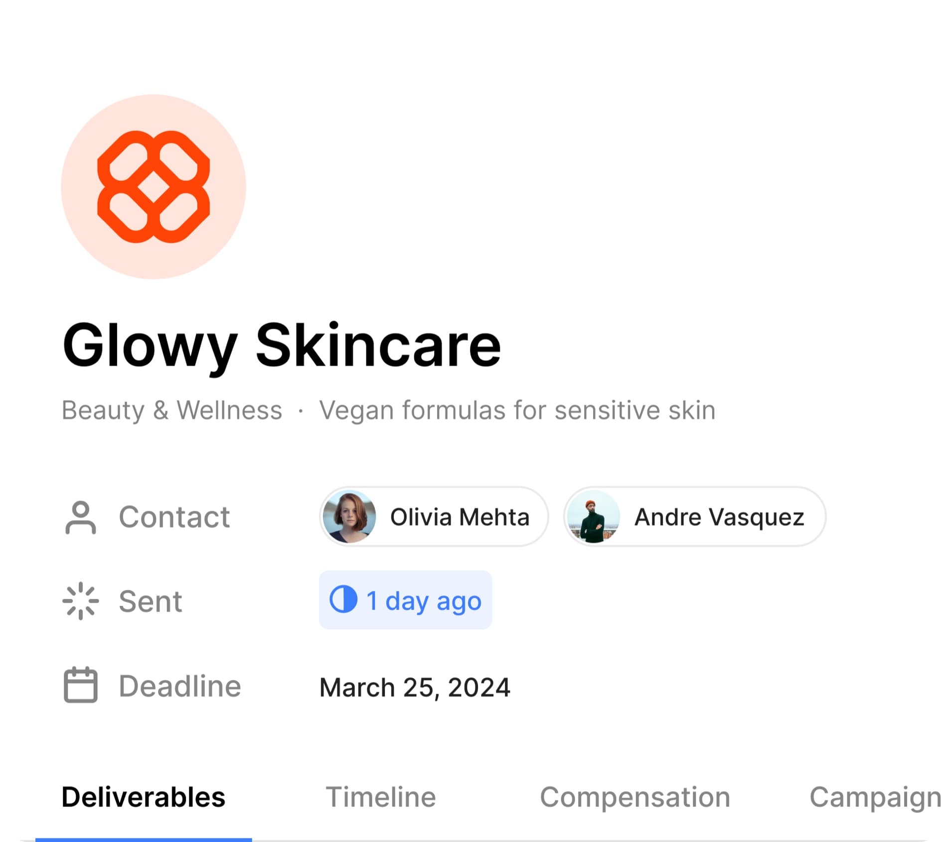 Ollio proposal detail screen for Glowy Skincare showing brand name, contact, sent status, and deadline in large type
