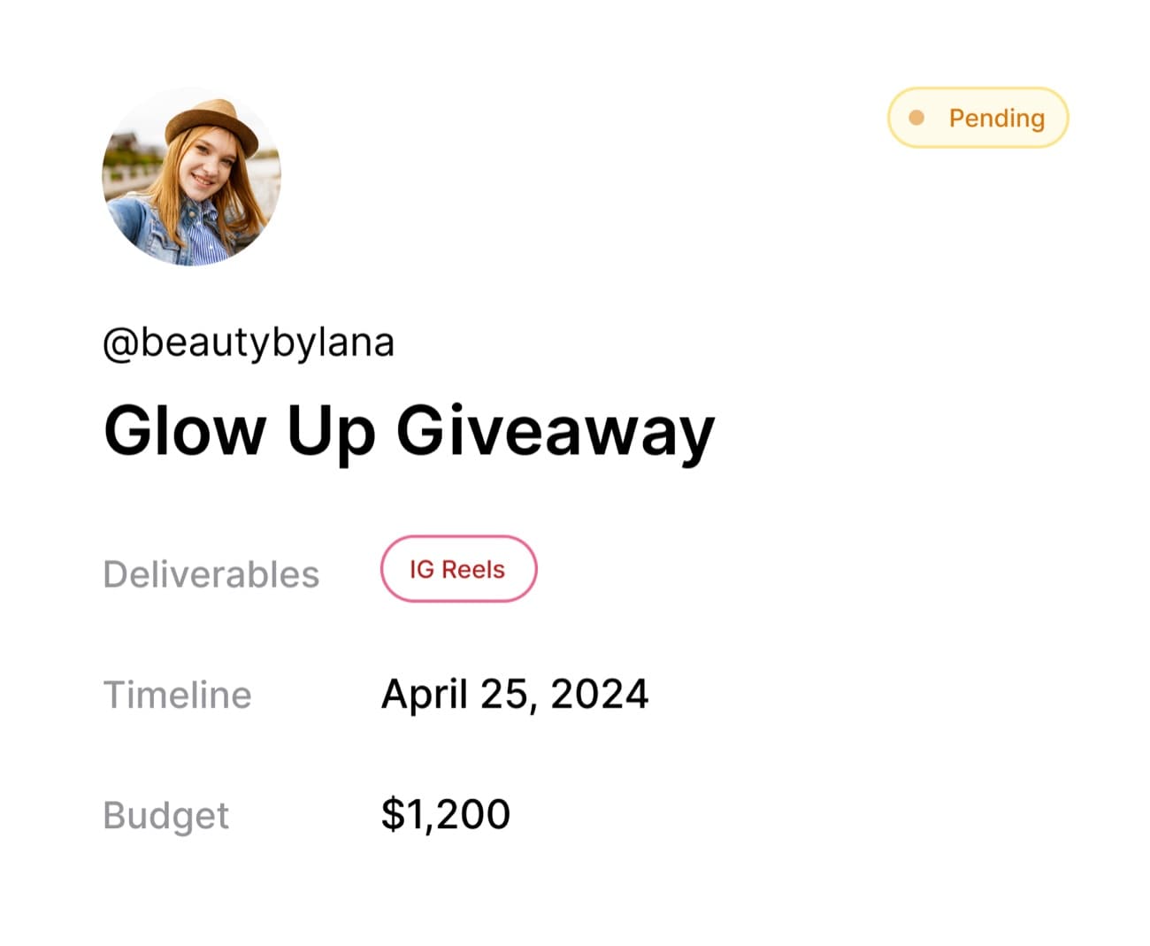 Proposal card for @beautybylana with a yellow Pending status tag