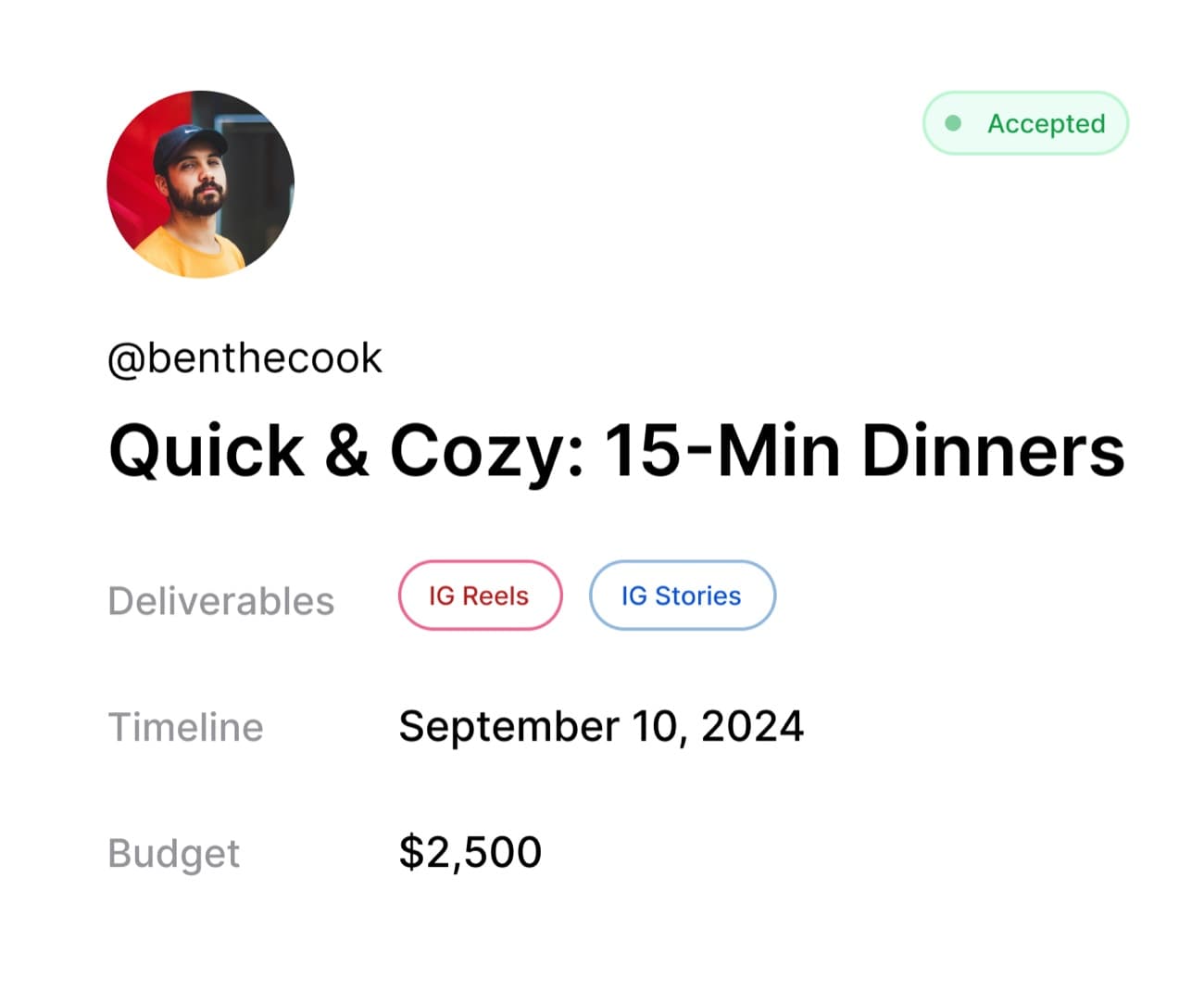 Proposal card for @benthecook with a green Accepted status tag