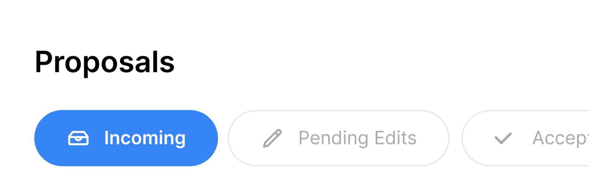 Ollio proposals inbox with tabbed categories for Incoming, Pending Edits, and Accepted proposals