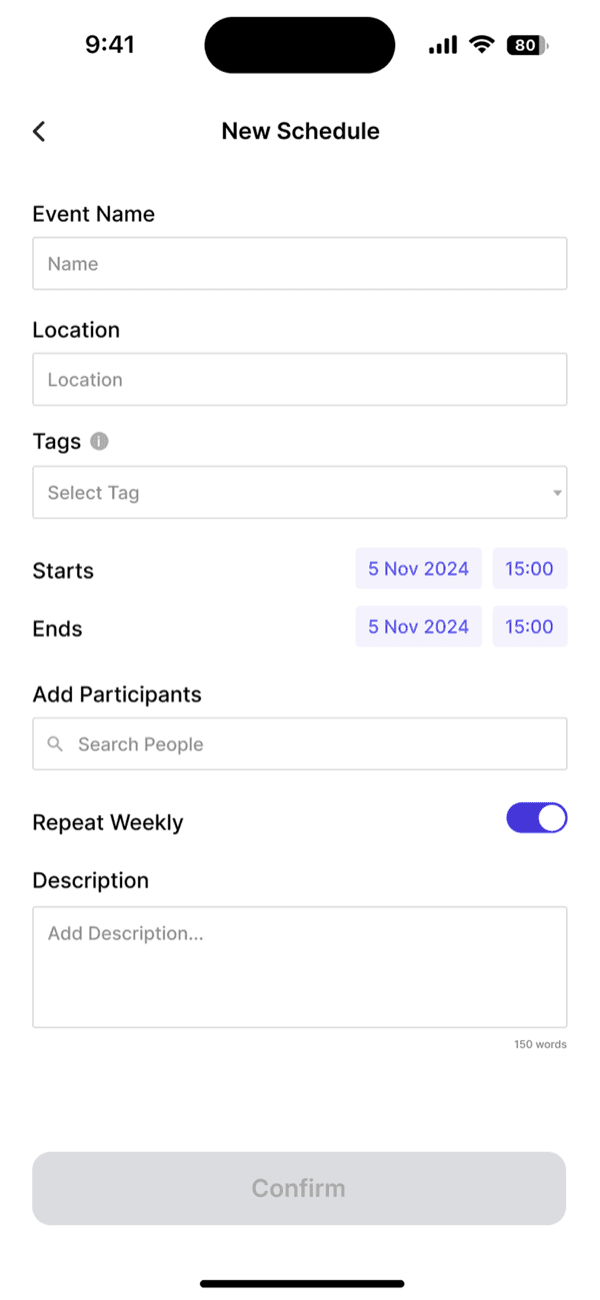 Updated Scope new schedule form screen