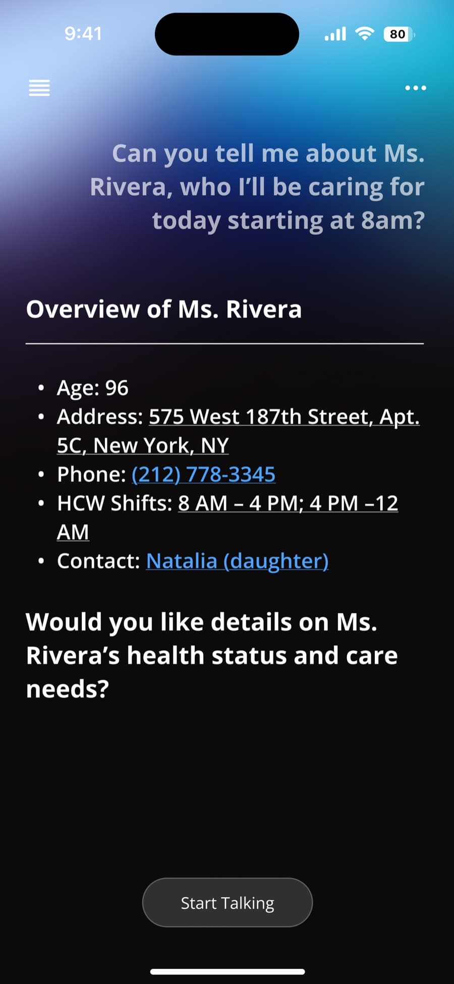Before: a Ward conversational response with all information displayed with similar visual weight