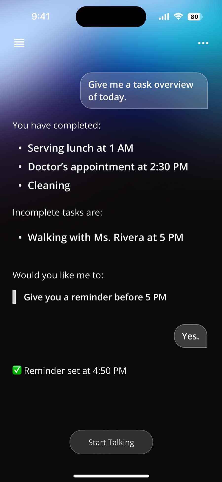 After: a Ward conversational response with clearer task status separation and a reminder system