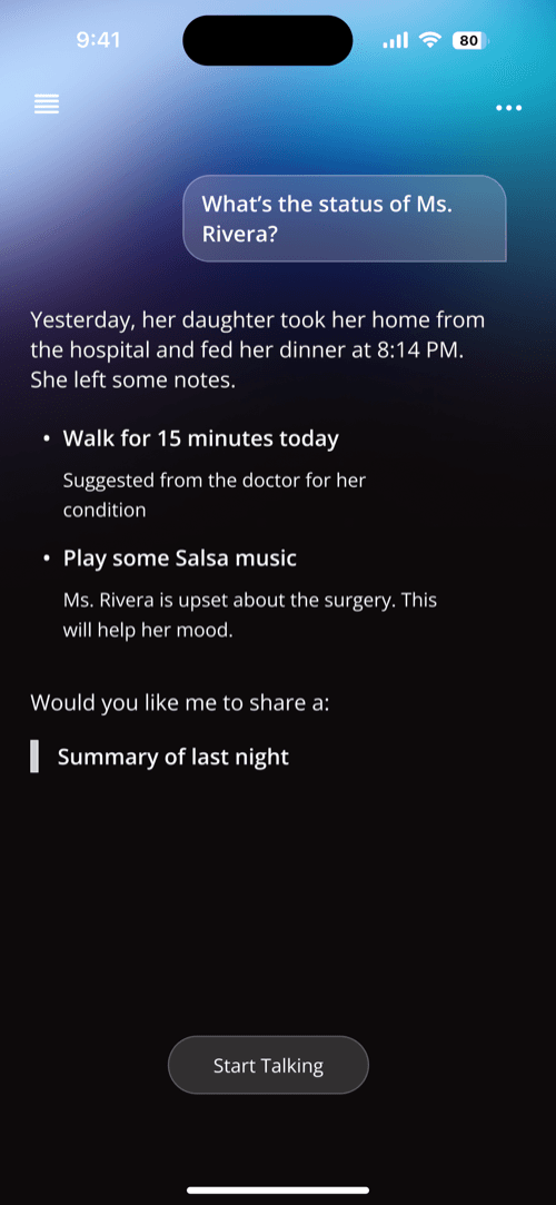 Ward conversational AI care overview screen
