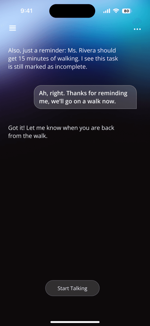 Ward conversational AI reminder system screen