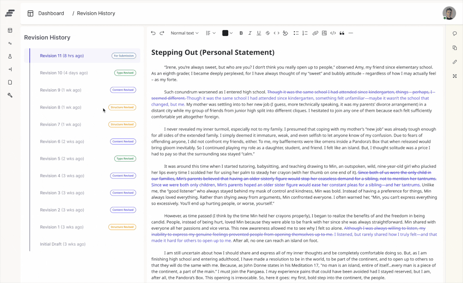 Leaguers essay history and feedback timeline showing tracked revisions