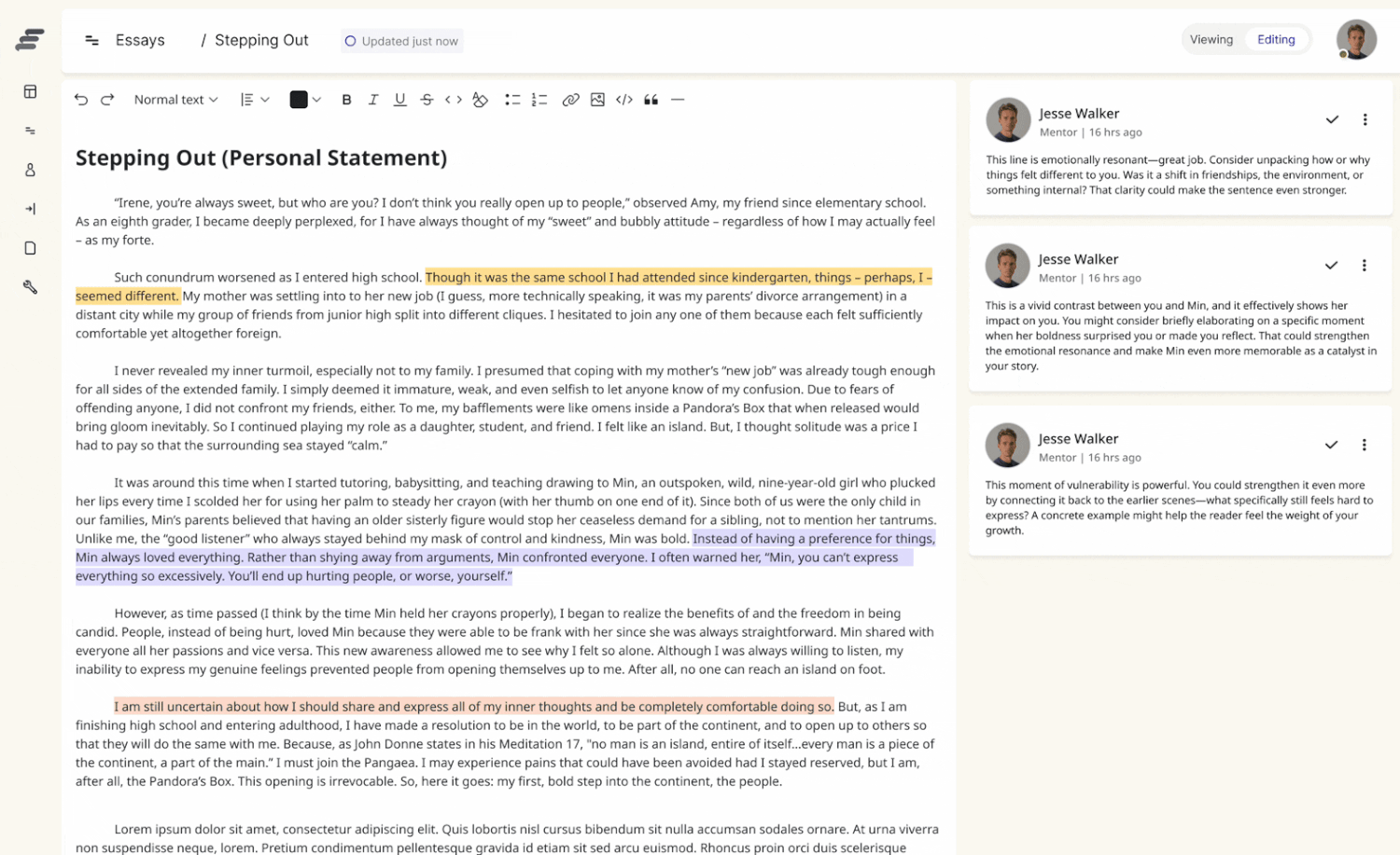 Leaguers in-line essay feedback showing inline comments on a student essay