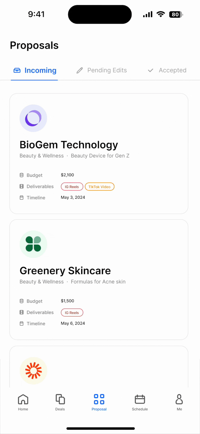 Ollio mobile proposal view showing deliverables, creative guidelines, and quick accept/reject actions