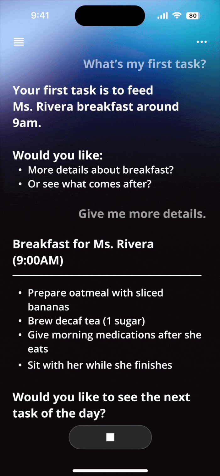Ward conversational AI screen showing the daily task overview flow, walking through a caregiver's first task and additional details