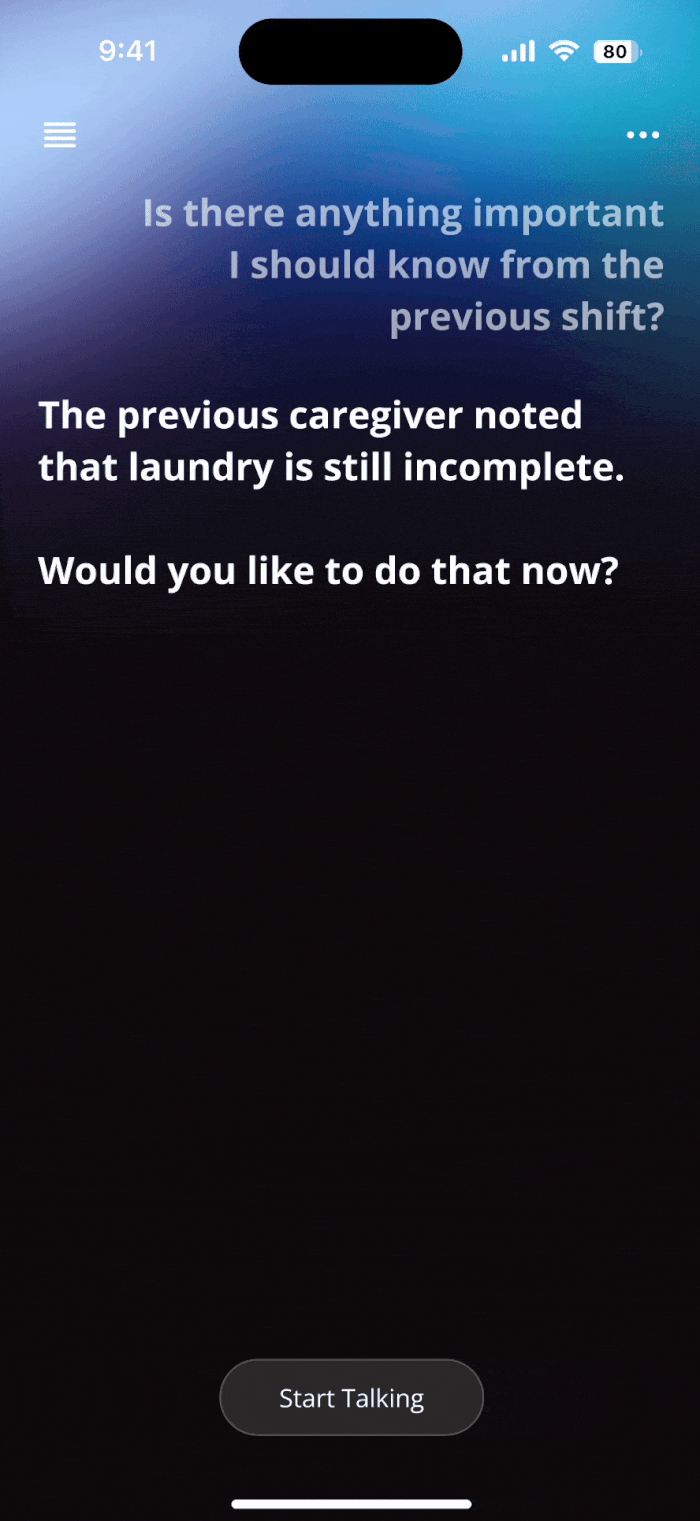 Ward conversational AI screen showing the notes and shift handoff flow